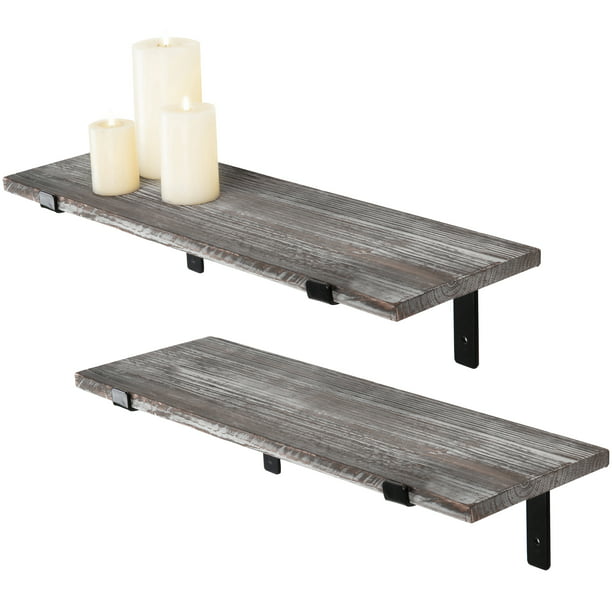 Set of 2 MyGift Torched Wood Wall-Mounted 24-Inch Floating Shelves with Black Metal Brackets 